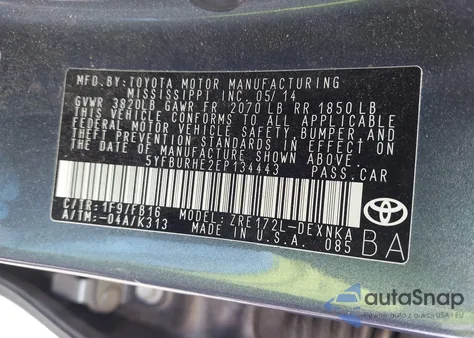 2014 Toyota Corolla Le z USA, uszkodzony, nr VIN 5YFBURHE2EP134443